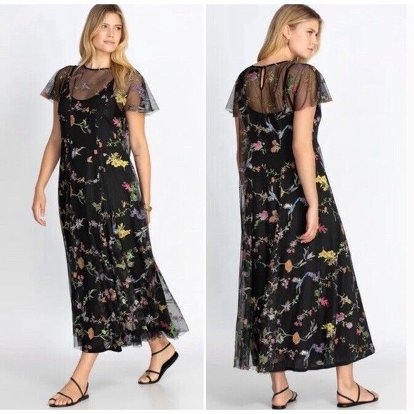 JOHNNY WAS Marguerite Embroidered Floral Boho Sheer Mesh Maxi Dress Med NO SLIP - Picture 1 of 14